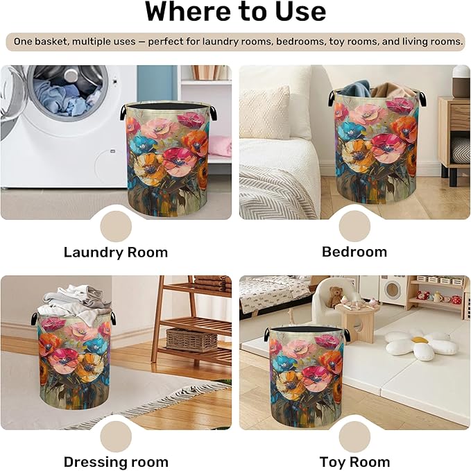 Modern Floral Oil Painting Laundry Basket - Heavy Duty 60L Dirty Clothes Organizer, Water Resistant Foldable Hamper for Men Women