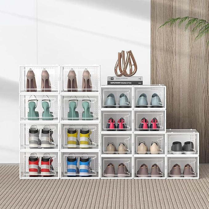 Secret Space 12 Pack Large Shoe Organizer Storage Boxes for Closet, Modular Space Saving Shoe Boxes Clear Plastic Stackable Sneaker Containers Display Case with Lids, White