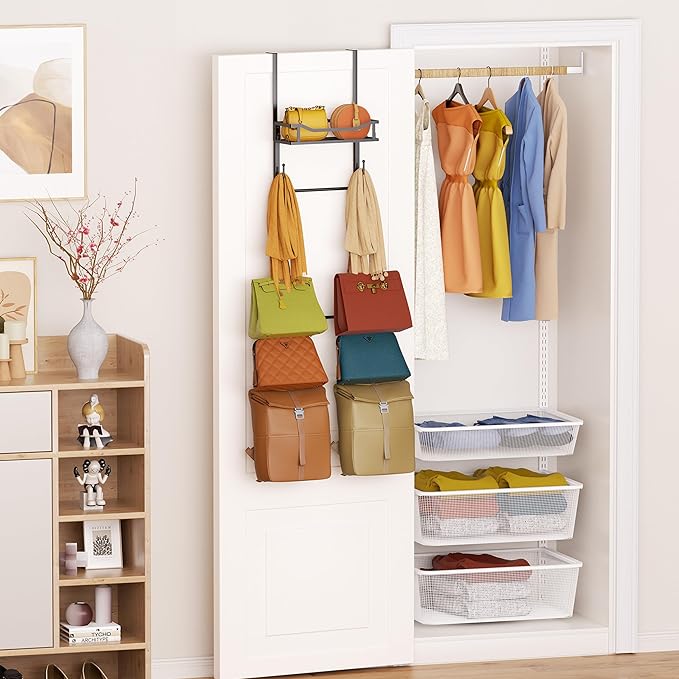 SWTYMIKI Over The Door Purse Organizer - Wall Mounted Purse Rack with 10 Hooks and Metal Basket, Hanging Handbag Storage Organizer Holds up to 10 Bags, Bag Rack Can Use As 1/2 Part, for Door, Closet