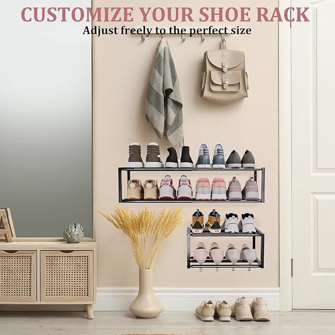 3 Pack Expandable Wall Mounted Shoe Rack, 17"-31" Adjustable Hanging Shoe Rack Holds 24 Pairs, Heavy Duty Metal Shoe Holder with 6 Storage Hooks, Space Saving for Entryway Closet Doorway（Black