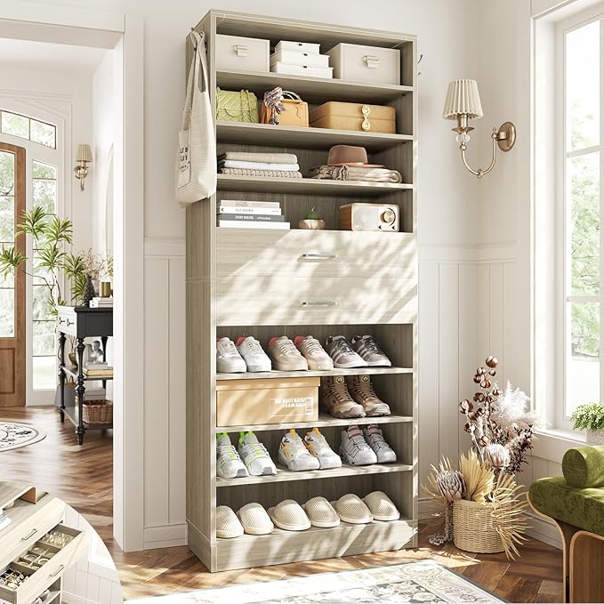 Aheaplus Tall Shoe Cabinet, 10 Tiers Wood Shoe Rack, Vertical Shoe Storage Organizer with 2 Drawers, Narrow Shoe Shelf Tower for 24-28 Pairs, Space Saving, for Closet, Entryway, Bedroom, White Oak