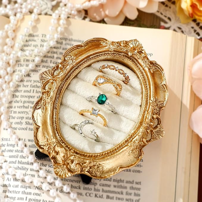 Vintage Ring Holder Oval Gold Ring Wedding Display Suede Jewelry Box Stand Frame Earring Tray Anniversary Engagement Baroque Organizer Photograph Prop for Women Birthday Christmas Gift