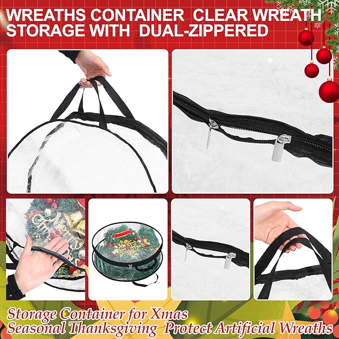 Zhengmy 4 Pack 30" 24" Wreath Storage Container Clear Christmas Wreath Storage Bags with Handle and Dual Zipper Plastic Decorative Garland Protector for Xmas Seasonal Holiday(Black)