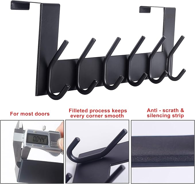 SKOLOO Over The Door Hook - 6 Hooks, No Assembly Required, Stainless Steel Door Hooks, Over Door Coat Rack for Hanging Coats Clothes Hats Robes, Black