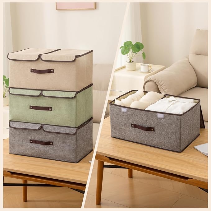 Linen Storage Boxes with Removable Dividers, 2-Pack Large Foldable Organizer Bins, Gray Fabric Containers with Handles for Clothes, Blankets, Underwear Storage (Green, 2Pack*37.5L)