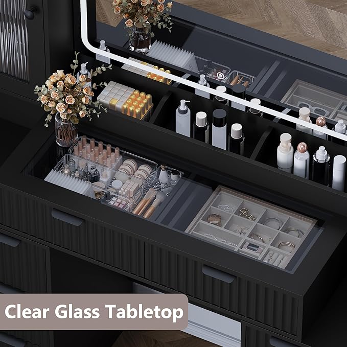 Fluted Makeup Vanity Desk with Mirror and Lights, 55" Glass Top Vanity with 8 Drawers & 4 RGB Glass Cabinets, Adjustable Shelves & Power Outlet, Modern Dressing Table Set for Women Girls Bedroom