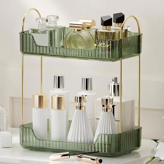 YCIA&DONE Bathroom Organizer Countertop, Makeup Storage, Skincare Cosmetic Tray Shelf, Perfume Holder Rack for Vanity Counter, Large Capacity, Easy to Install, Clean, 2 Tiers, Vintage Green