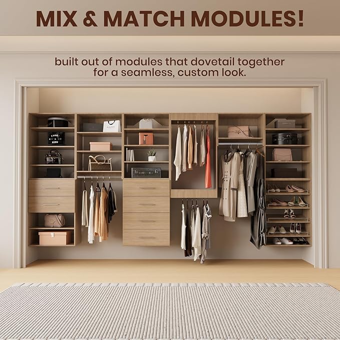 ROOMTEC 28.5" Tall Hanging Closet Unit, Modular Closet System with Hanging Rod, Wardrobe Organizer for Bedroom or Walk-in Closet, Wall Mounted, Customizable Clothes Storage Unit, Wood