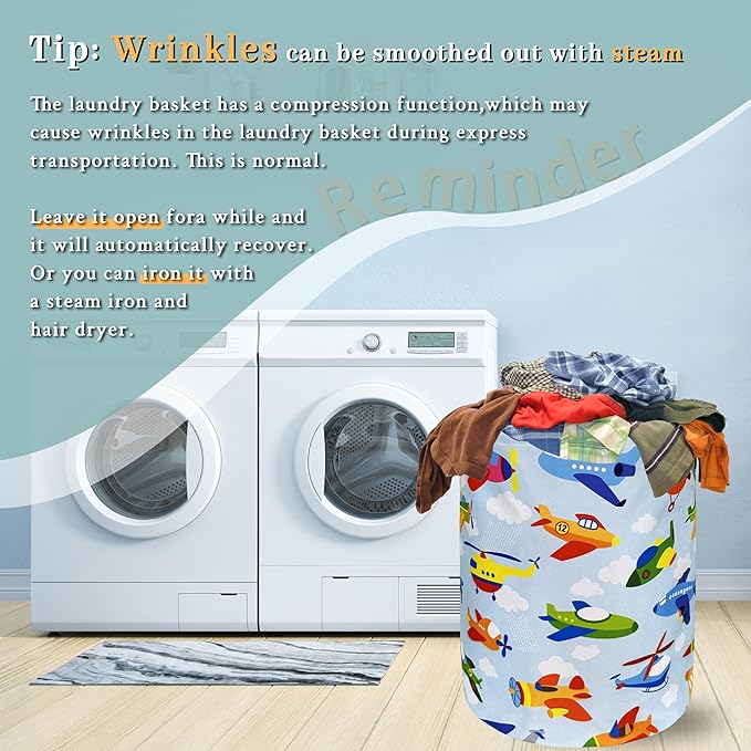 Cartoon Plane Laundry Hamper Foldable With Handles Colorful Tote Bag Universal Oxford Cloth Funny Laundry Basket Clothes Toy Storage Bucket 18.9" x 16.5" For Bathroom/Laundry/Bedroom