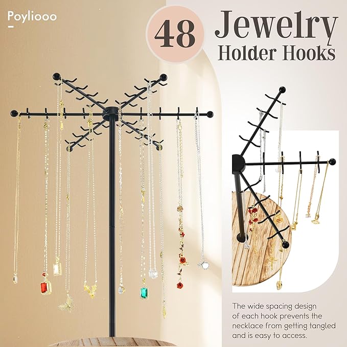 Necklace Holder Jewelry Stand, Rotating Necklace Holder Organizer with 48 Hooks for Necklace Earring Keychains Bracelet Display Stand, Metal Necklace Tree Stand -Gifts for Women (Black)