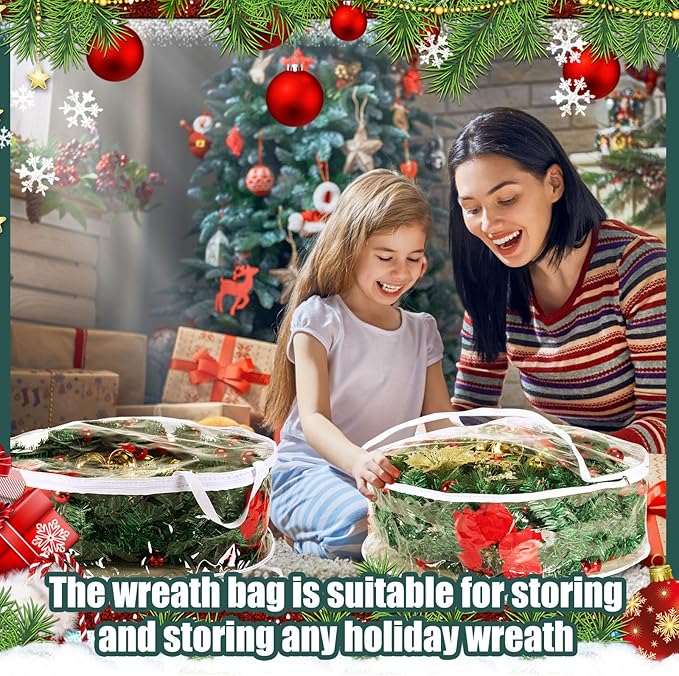 Zhengmy 20 Pcs 30 Inch Christmas Wreath Storage Bags Transparent Wreath Storage Container Bulk Wreaths Box with Dual Zippers and Handles for Xmas Holiday Wreaths Garland