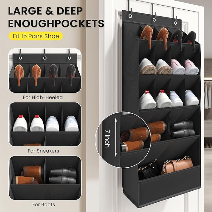 Over the Door Shoe Rack with Large Deep Pockets, Door Shoes Organizer for Closet, Hanging Boots Shoe Rack, Behind the Door Narrow Shoe Holder, Multiple Pockets for Flexible Storage, Black ﻿