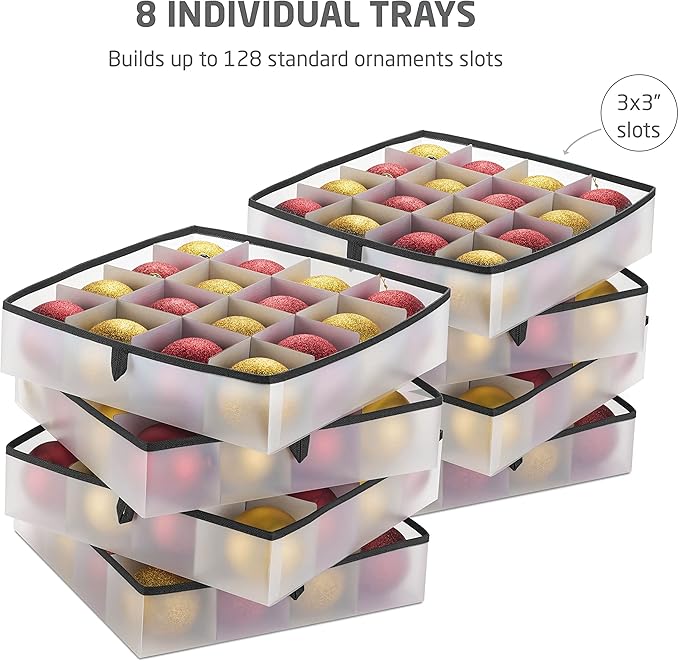 ZOBER Christmas Ornament Storage Box Plastic - Stores 128 3" Ornaments with Individual Trays - Ornament Organizer Storage Box, Durable Christmas Containers Holder - Plaid