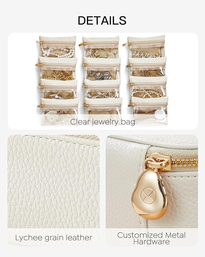 Vlando Jewelry Travel Case,Valentines Gift,Travel Jewelry Organizer with Clear Velvet Jewelry Bags Zipper Pouch for Women Girl Gift-12Pcs White