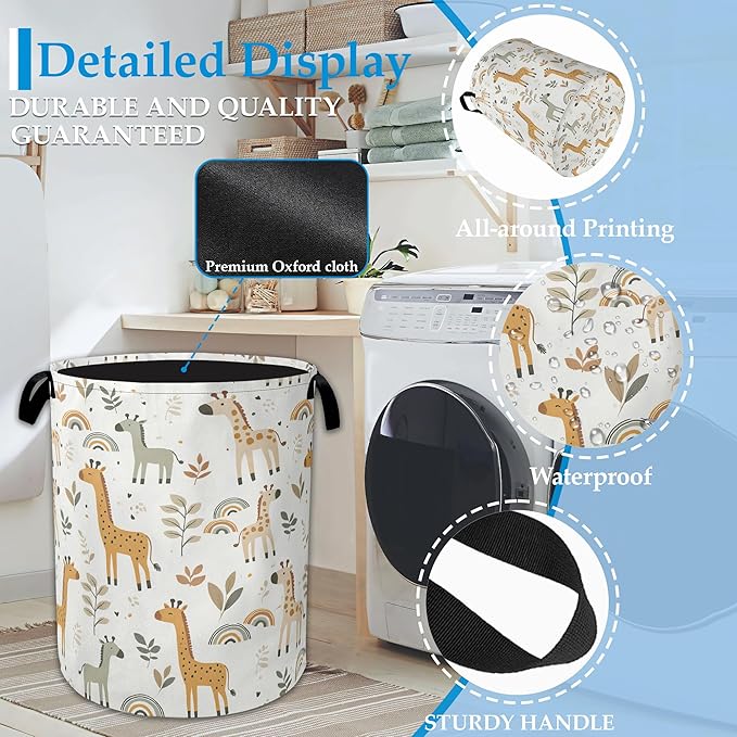 Rainbow Giraffe Laundry Basket Collapsible Laundry Hamper with Handle, Oxford Clothes Toy Storage Bin for Bathroom Bedroom Room Decor, Gift Basket 16" X 20.8"