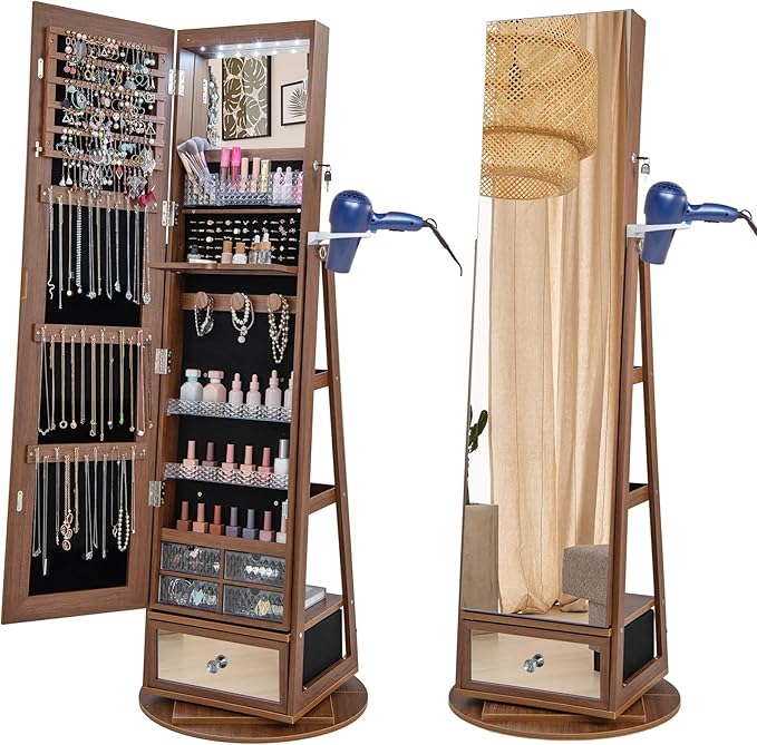GOFLAME 360 Rotating Jewelry Cabinet with Full Length Mirror, Standing LED Jewelry Armoire, Lockable Organizer with Hair Dryer Rack, Back Storage Shelves, Inner Makeup Mirror, Walnut