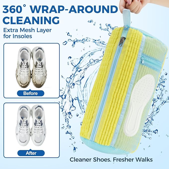 Shoe Washing Machine Bag, Laundry Shoe Bag with Side External Network for Washer and Dryer Reusable Shoe Cleaning Bag for Sneaker Tennis Unstain Cleaner Kit (2pc-yellow)