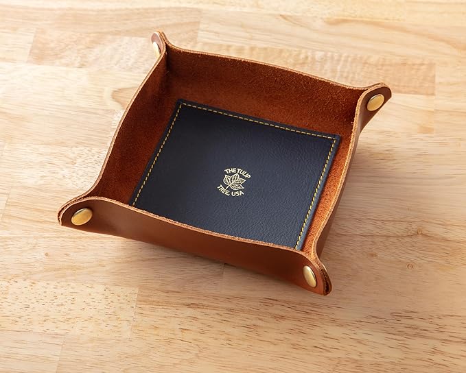 USA Handmade Premium Leather Valet Tray, Folds Flat! Dice Rolling Basket and Organizer with Brass Snaps (Chestnut and Blue Gold, Medium)