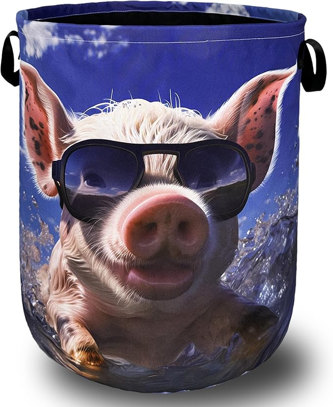 Summer Pig Laundry Hamper Foldable With Handles Cute Animal Tote Bag Oxford Cloth Funny Laundry Basket Clothes Toy Storage Bucket 18.9" x 16.5" For Bathroom/Laundry/Bedroom
