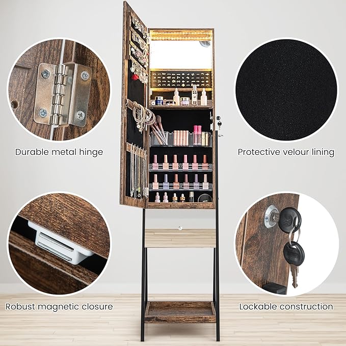 CHARMAID Jewelry Cabinet Armoire with Full Length Mirror, 3-Color Light Strips, Mirrored Tilt out Drawer, Lockable Standing Jewelry Organizer with Storage Shelves, Metal Stand (Rustic Brown)