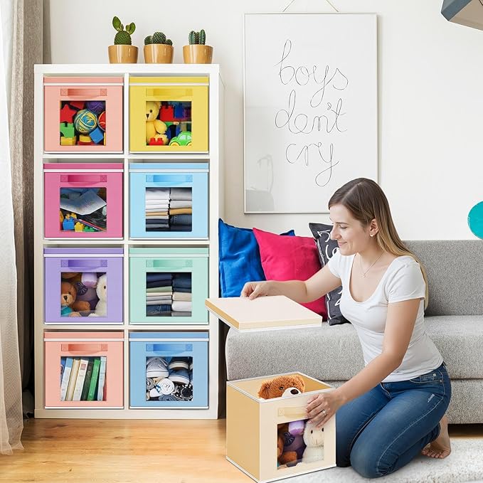 10 Pcs Fabric Storage Cube with Lid 11x11 Inch Fabric Storage Bins with Window Handle Collapsible Cube Organizer Basket for Shelves Closet Bedroom Office Clothes Book Stuffs (Pastel)