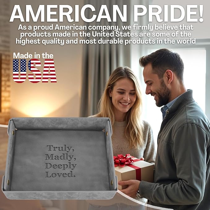 Engraved Leather Valet Tray for Couples – Personalized Catchall with Custom Name – Organizer for Keys, Wallet, Jewelry – Romantic Gift – Grey
