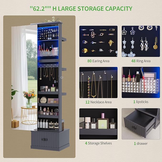 HNEBC Mirror Full Length with Stand, Jewelry Organizers and 4 Storage Racks, Jewelry Cabinet with Drawes,Ring-Necklace-Earring Holder, Jewelry Armoire with Lights for Bedroom/Cloakroom (Grey)