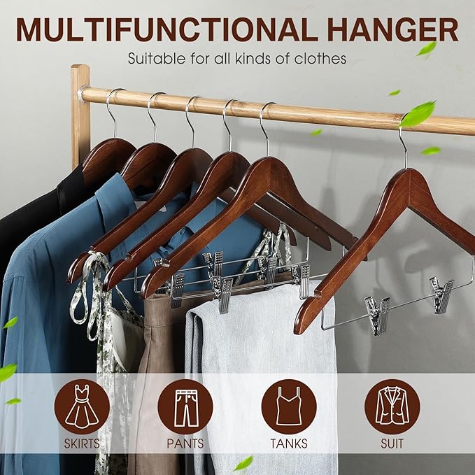 Sieral 30 Pack Wooden Pants Hangers with Clips Solid Wood Skirt Suit Coat Hangers with 2 Adjustable Clips 360 Degree Swivel Hook for Trousers Jeans Slacks Shorts Bottom, 14 Inch(Brown,Classic)