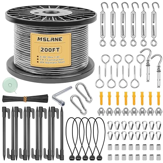 1/8" Black Wire Rope Kit 200FT 304 Stainless Steel Vinyl Coated with M5 Turnbuckles, 7x7 Strand Core Aircraft Cable for String Light, Picture Hanging, Clothesline, Curtain, and Plant Trellis