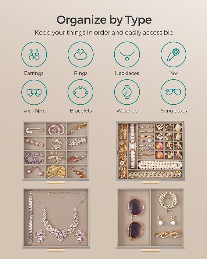 SONGMICS Jewelry Box Organizer with Glass Lid, 4-Layer Jewelry Storage, with 3 Drawers, Modern Style, 8 x 9.1 x 6.5 Inches, Dove Gray and Gold Color UJBC173G01