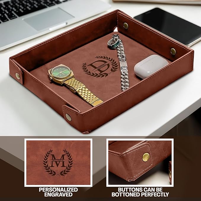Engraved Leather Valet Tray for Men – Personalized Catchall with Custom Name for Desk, Dresser, Nightstand – Men's Organizer Tray for Keys, Wallet, Jewelry, Personalized Gift for Home, Office - Coffee