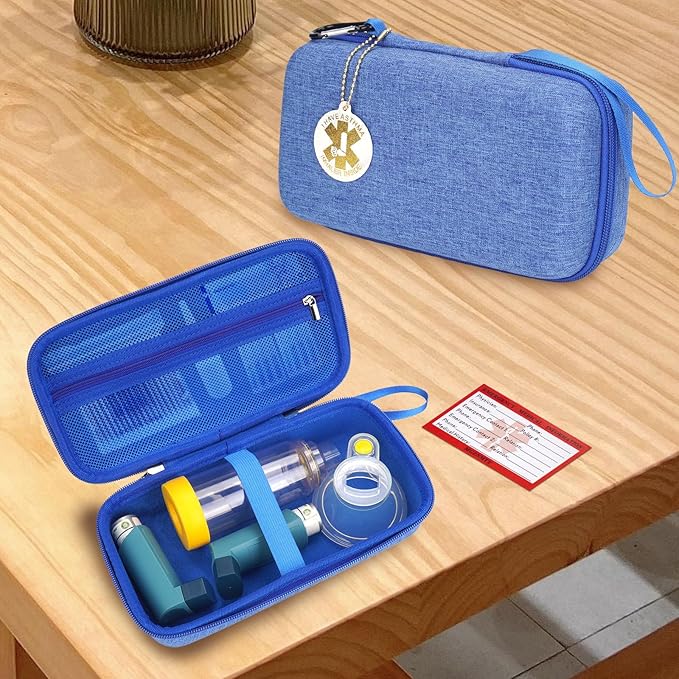 MGZNMTY Travel Carrying Case Compatible with Asthma Inhaler Spacer for Adults and Children, Masks, Inhaler Holder with Asthma Alert Tag and Medical Card, Carabiner (Only Case) (Blue)