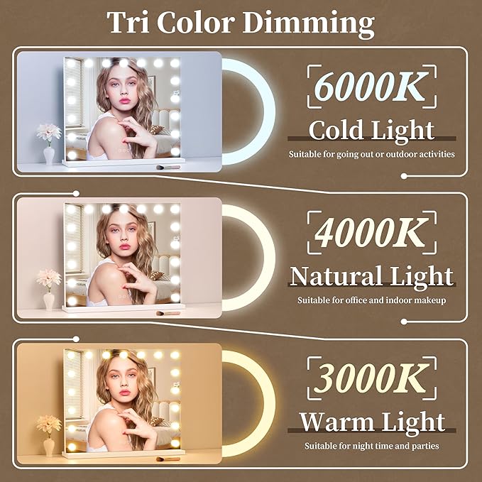 Vanity Mirror with Lights,Makeup Mirror with 17 Dimmable LED Bulbs, 3 Color Lighting Modes Detachable 10X Magnification Mirror Touch Control, 23.6X19,7 inch, White
