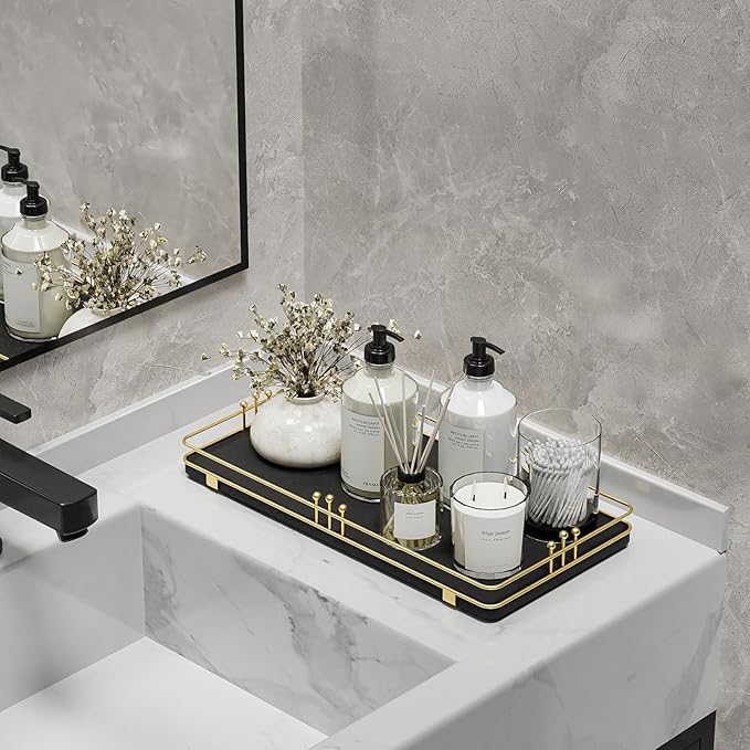 Toilet Paper Basket, Bathroom Basket for Counter Toiletries Towel Decor, Toilet Tank Tray, Guest Back of Toilet Organizer Storage, Vanity Tray for Perfume Makeup, Kitchen 13”x6.5” Black-Gold