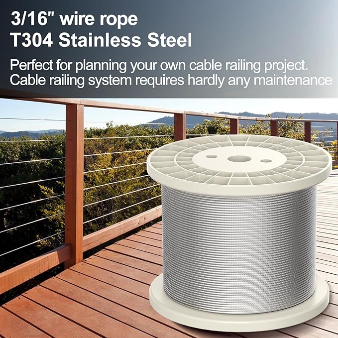 BLIKA 300FT 3/16" Stainless Steel Cable, 304 Stainless Steel Decking Railing Cable with 7 x 19 Strand Construction, 3700lbs Breaking Strength Marine Grade for Rail, Deck and DIY Balustrade