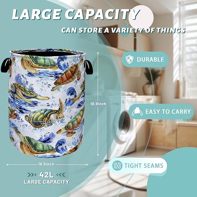 Sea Turtles Laundry Basket With Handles Oxford Cloth Tote Bag Colorful Turtle Laundry Hamper 18.9"x16.5 "Foldable Clothe Storage Bucket Toy Organizer For Bathroom/Laundry/Bedroom