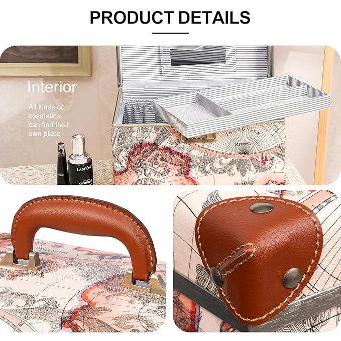 urecity Vintage Makeup Train Case with Metal Combination Lock, World Map Pattern Artificial Leather, Desktop Cosmetic Organizer Storage Box