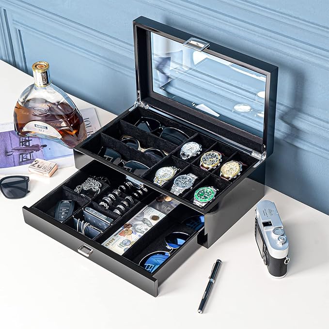 ProCase Lacquered Finish Wooden Men's Jewelry Box, 6 Slots Watch and Sunglasses Box Organizer for Men, 2-Tier Watch Holder Display Cases with Glass Top and Storage Drawer -Black