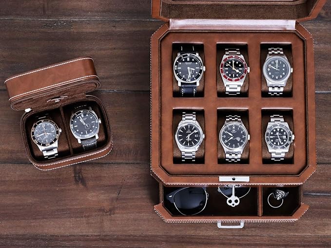 Gift Set 6 Slot Leather Watch Box with Valet Drawer - Luxury Watch Case Display Organizer, Microsuede Liner, Locking Jewelry Box, Mens Storage Boxes Holder Large Glass Top (Tan/Brown Gift Set)