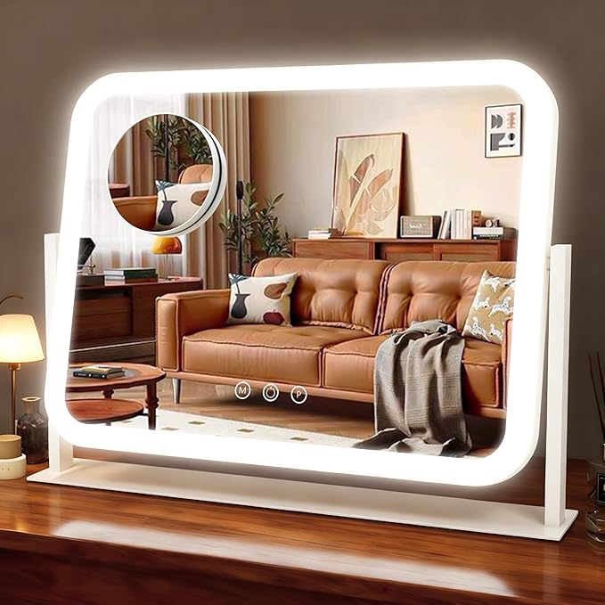 HNV Lighted Makeup Mirror, 17"x13" Hollywood Vanity Mirror with Lights, 10X Magnification, 3 Color Dimmable LED, Smart Touch Control, 360° Rotation Tabletop Mirror for Bedroom & Dressing Room (White)