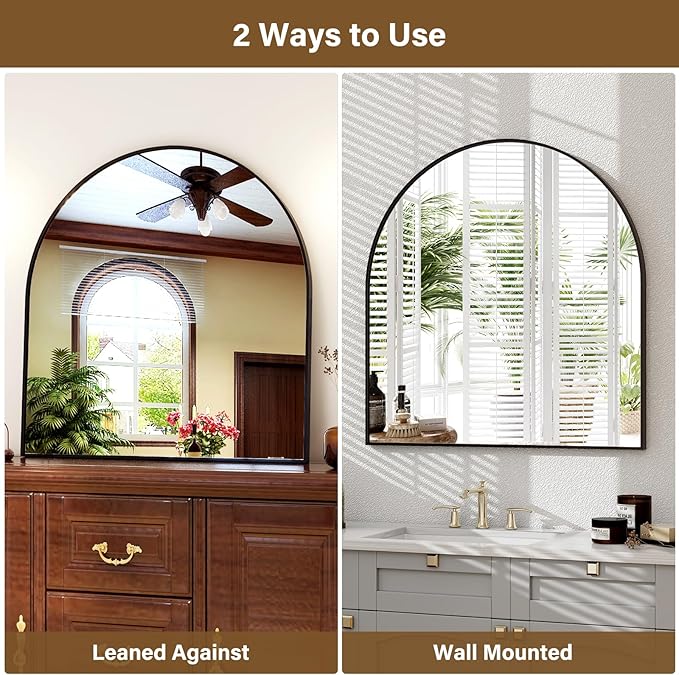 Arched Bathroom Mirror 32" x 34" for Bathroom Vanity Mirror or Wall Decor Black Arch Mirror Aluminum Alloy Frame Wall Mounted Mirror for Living Room Bedroom Entryway