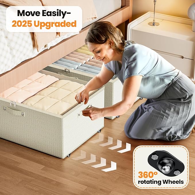 Underbed Storage with Wheels, 2 Pack Under Bed Storage Containers with Clear Lids, No Assembly Required 10.1 inch Rolling Under Bed Storage for Clothes, Beige