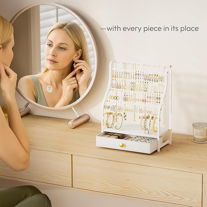 SWTYMIKI Earring Holder Organizer - Jewelry Organizer Stand with Necklace Hooks, Watch Rods, Nonwoven Drawer, Large Capacity Jewelry Display for Stud Earring Bracelet Necklace Ring, White