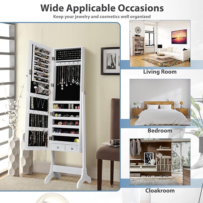 COSTWAY Standing Jewelry Armoire Cabinet, 4-Angle Tilting Jewelry Organizer with Full-length Mirror and Large Storage Capacity, Lockable Jewelry Cabinet for Bedroom, Dressing Room (White)