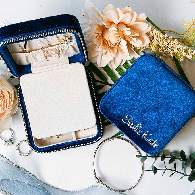 Customizable Compact Velvet Jewelry Box with Mirror, Travel Jewelry Case, Travel Jewelry Organizer, Jewelry Box for Women and Girls, Small Jewelry Organizer (Bottom Right Text, Winter Blue)