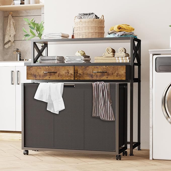 Laundry Hamper 3 Section, 150L Rolling Laundry Sorter Basket with 2 Shelves and 2 Drawers, 3 Compartment Clothes Organizer Cart with Wheels, Pull-Out Bags for Laundry Room, Bathroom, Bedroom