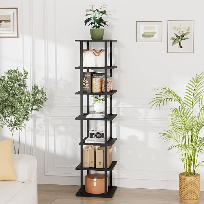 Vertical Tall Shoe Rack Organizer for Entryway -7 Tier Free Standing Slim Narrow Bamboo Wood Corner Stackable Shoe Boots Storage Stand Small Spaces for Closet Garage Cloakroom Living Room (Black)