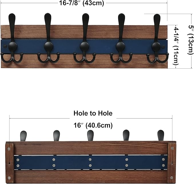 SKOLOO Rustic Wall Mounted Coat Rack - 16-7/8" Long Coat Hooks for Wall with 5 Triple Hooks for Hanging Coats, Hats or Tools, Western National Parks Collection, Wood Brown & Blue