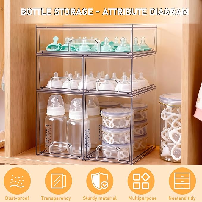 Stackable Storage Drawers Set of 5, Baby Bottle Organizer, Clear Multipurpose Storage for Countertop - Organize Kitchen, Vanity, Bathroom Cabinet & Pantry Supplies