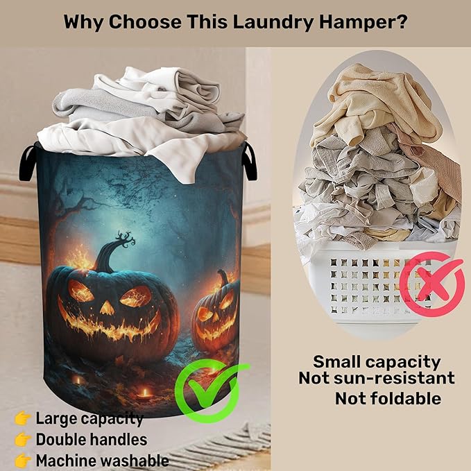 Pumpkin Halloween Laundry Basket - Heavy Duty 60L Dirty Clothes Organizer, Water Resistant Foldable Hamper for Men Women